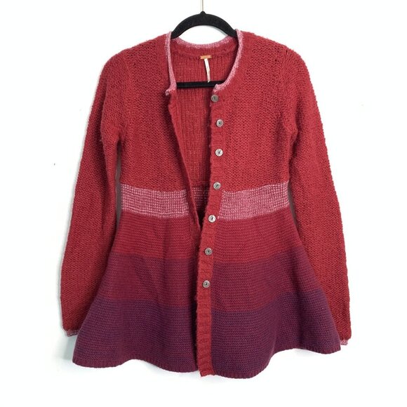 Free People XS Red Gradient Angora Wool Knit Long Cardigan Sweater Peplum Chunky - Picture 5 of 7